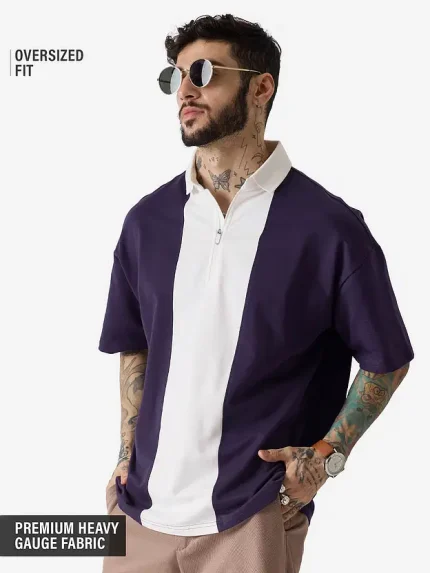 Men White & Berry Colourblock Polo Tshirt